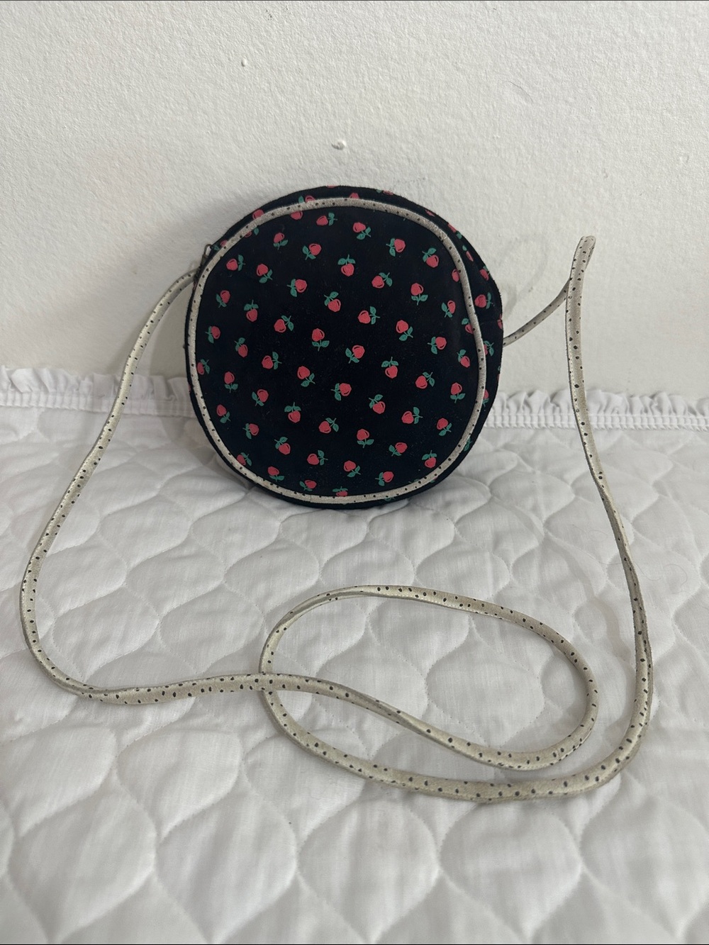 MAUD FRIZON vintage Black Round Crossbody with Pink Strawberry Print